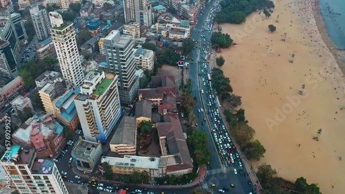 Mumbai Chowpatty Seaface aerial drone view, India, Marine Drive, Maharashtra, 4k  photo
