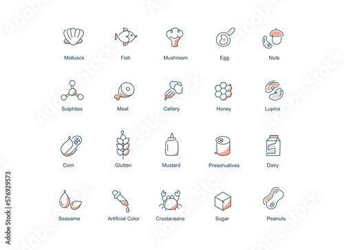 Food allergens vector line icons. Editable stroke and colors.