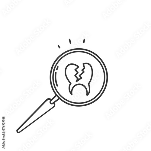 hand drawn doodle cavity tooth with magnifying glass illustration