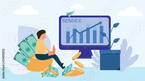 Sensex Growing as Person Looks on a laptop.