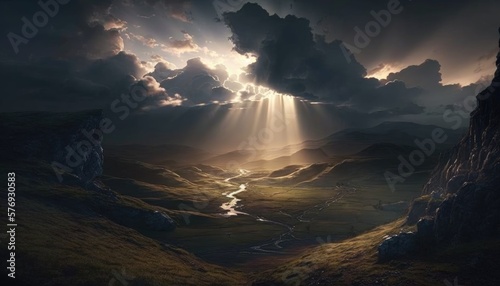 Mountain hill landscape illustration  light shining down on ground  generated by AI technology