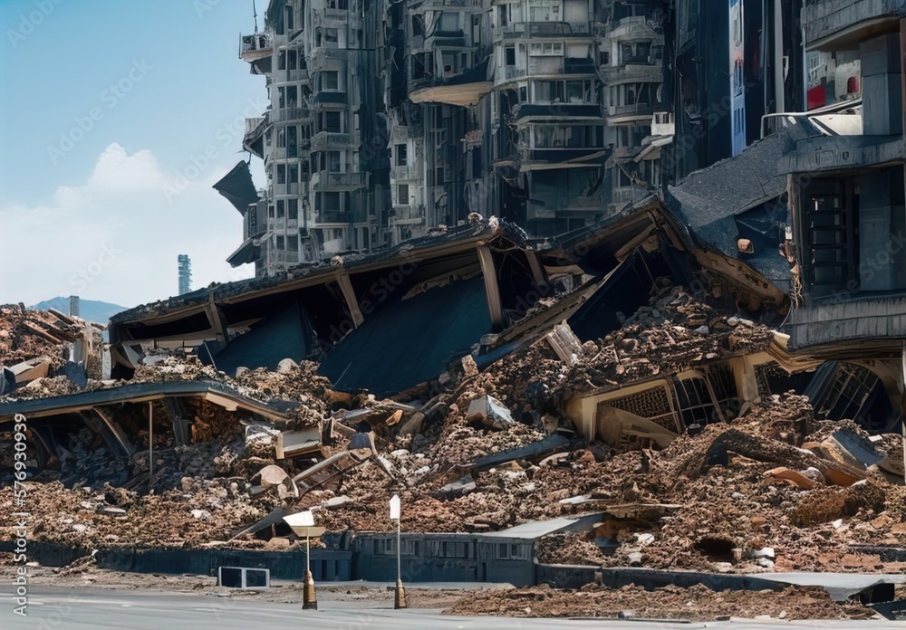 Earthquake, City Destruction, rubble of building after natural disaster, destructions, demolition, Generative AI