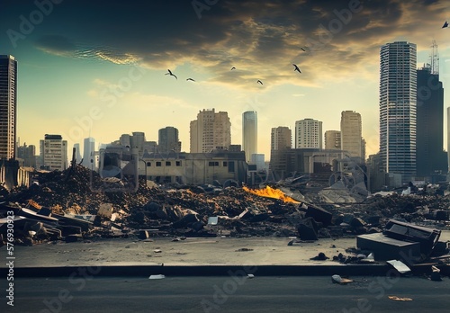 City skyline with destruction, City after an Earthquake, City Destruction, rubble of building after natural disaster, destructions, ruins, Abandoned building in the city, Generative AI © Senze Media