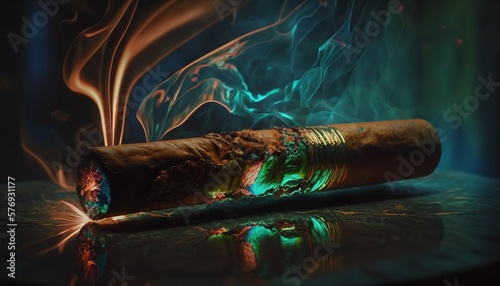 A close-up of a Cuban cigar with smoke, atmospheric lighting, and a background. Generative Ai.
