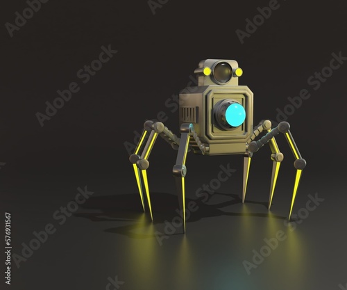 Camera nanorobot with six legs in the reflected black background 3d rendering photo