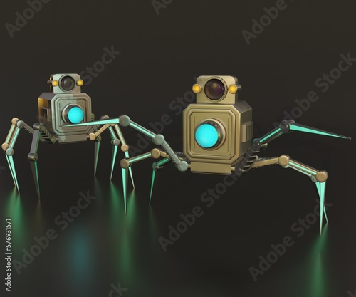 Camera nanorobot with six legs in the reflected black background 3d rendering photo