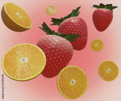 Fototapeta Naklejka Na Ścianę i Meble -  Isolated fresh strawberries and orange fruits circle around 3d rendering