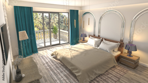 Bedroom interior. Bed and relax. 3d illustration