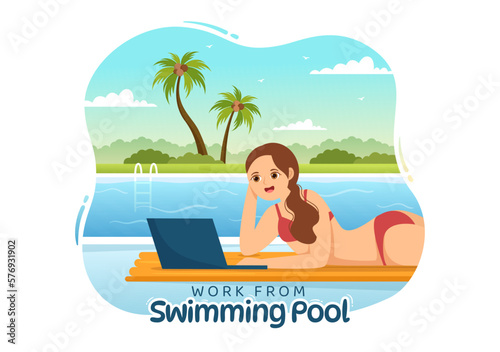 Freelance Workers From Swimming Pool Illustration with Relaxing  Drink Cocktails and Using Laptop in Cartoon Hand Drawn for Landing Page Templates