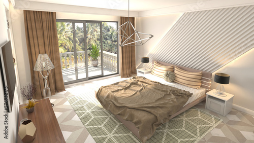 Bedroom interior. Bed and relax. 3d illustration