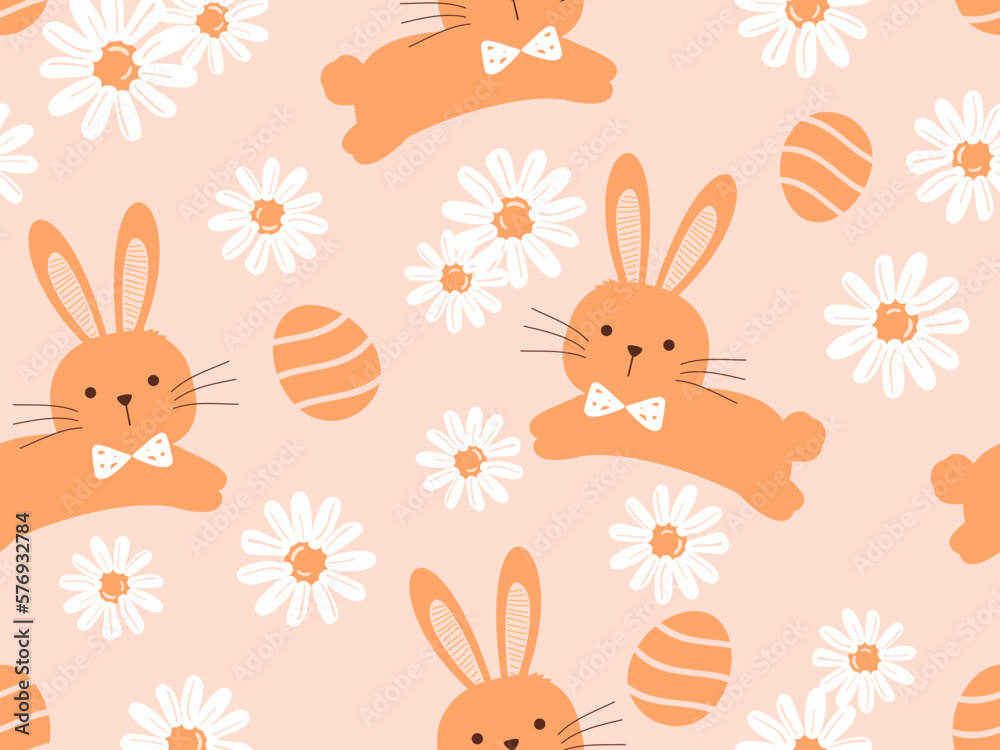 Seamless pattern with orange bunny rabbit cartoons, Easter egg and daisy flower garden on pink background vector illustration. Cute childish print. Seamless pattern with orange bunny rabbit cartoons, Easter egg and daisy flower garden on pink background vector illustration. Cute childish print.