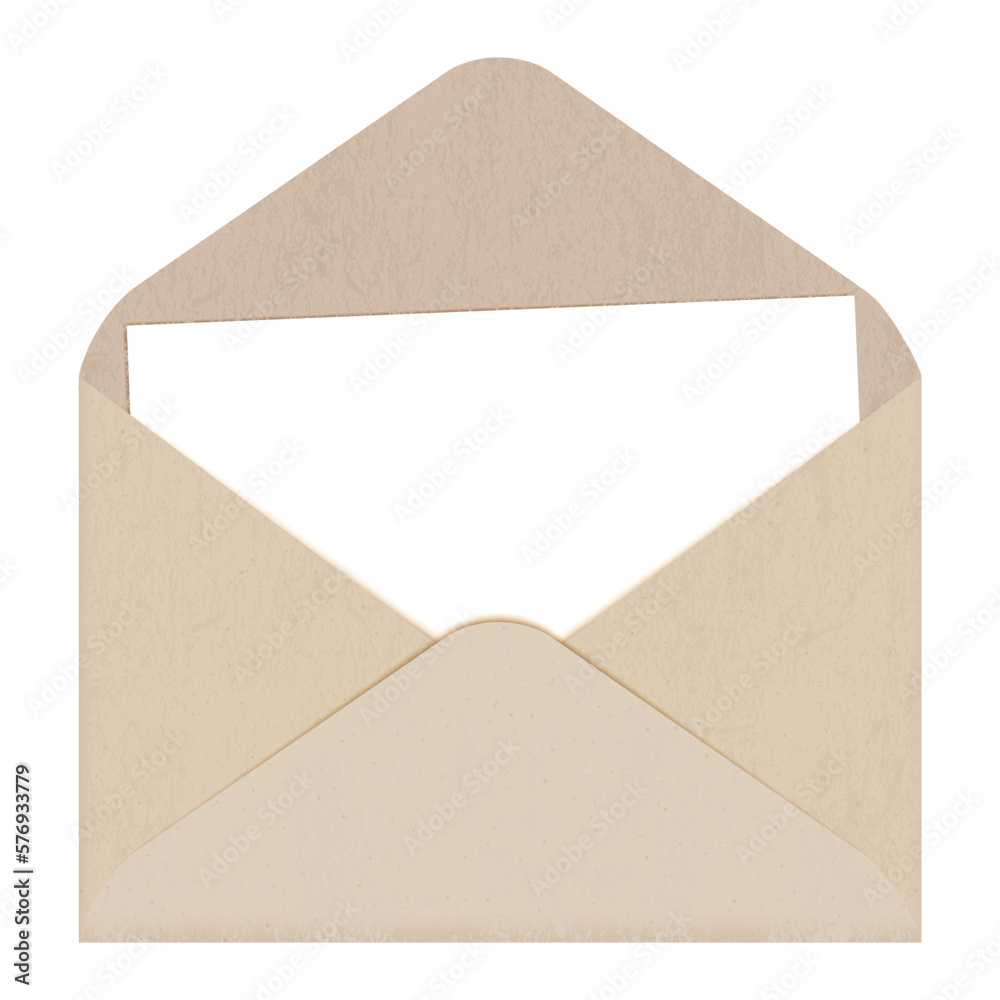Horizontal manila envelope with sheet of paper isolated on white background. Craft paper with grainy texture. Beige blank kraft cardboard. Recycled package carton vector illustration Horizontal manila envelope with sheet of paper isolated on white background. Craft paper with grainy texture. Beige blank kraft cardboard. Recycled package carton vector illustration