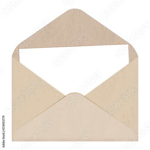 Horizontal manila envelope with sheet of paper isolated on white background. Craft paper with grainy texture. Beige blank kraft cardboard. Recycled package carton vector illustration