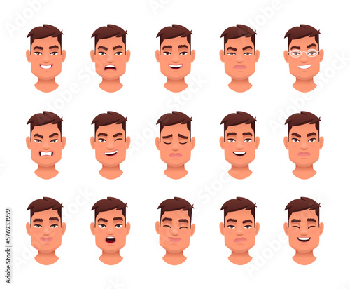 Facial expression of a handsome stylish young man. Set of various emotions of a cute white guy. Smile, happiness, anger, joy, surprise, fear, etc.