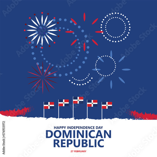 Dominican Republic independence day vector illustration with national flag and fireworks. Caribbean country public holiday greeting card. Suitable for social media post.