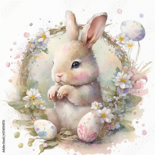 Cute baby bunny and Easter eggs watercolor illustration  generative ai