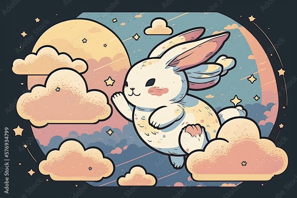Happy Mid Autumn Festival, bunny in clouds on its way to the moon, goddess Chang'e as a cartoon rabbit. Generative AI Happy Mid Autumn Festival, bunny in clouds on its way to the moon, goddess Chang'e as a cartoon rabbit. Generative AI