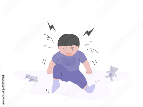 Crying child boy sitting on the floor and crying with sad emotion, flat vector illustration.