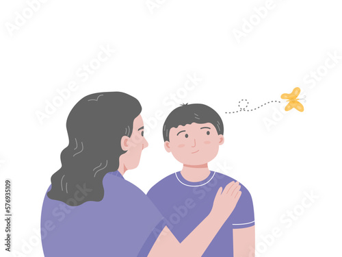 Mom talking with ADHD boy, he having a short attention span and being easily distracted. Flat vector illustration.