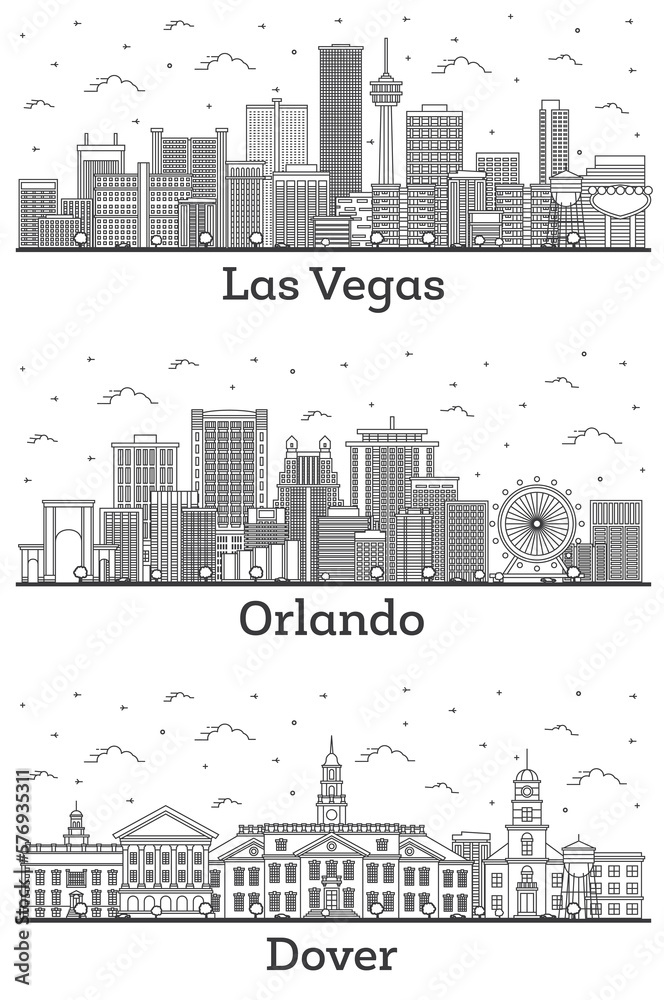 Outline Orlando Florida, Dover Delaware and Las Vegas Nevada City Skyline Set.