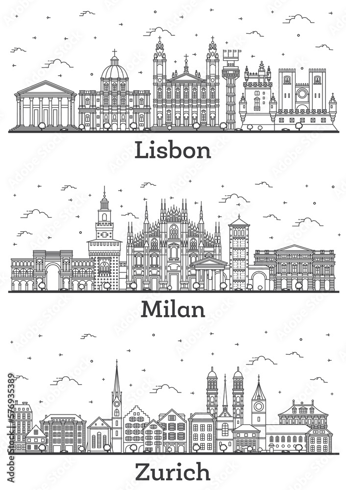 Outline Zurich Switzerland, Milan Italy and Lisbon Portugal City Skyline Set with Historic Buildings Isolated on White.