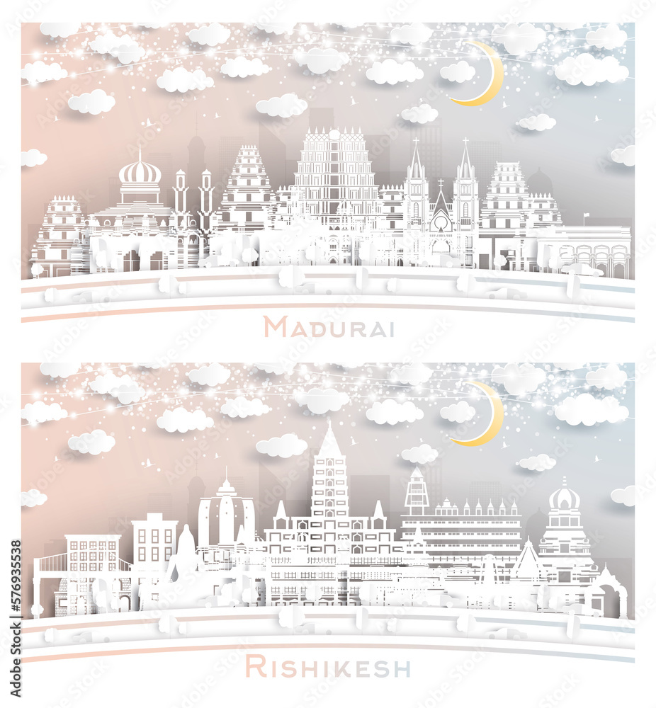 Rishikesh and Madurai India City Skyline Set in Paper Cut Style.