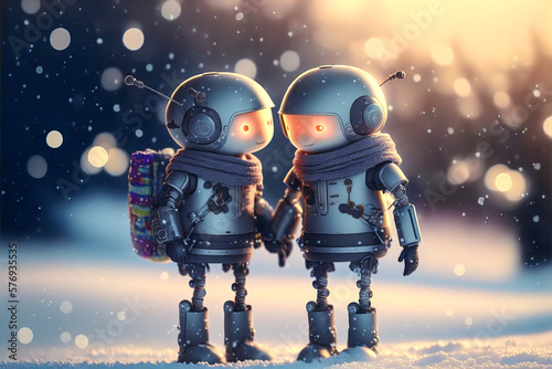 A romantic pair of robots out on a wintery date in the snow, feeling love and emotion. Perfect for digital artwork or to express love and connection. Generative AI