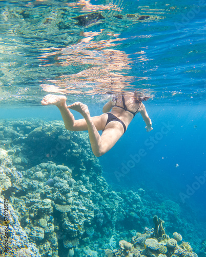 The girl swims underwater in the sea. © schankz