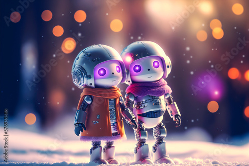 A couple of robots embracing in the cold winter  revealing their loving emotions. A perfect image to express love and tenderness in graphic projects. Generative AI