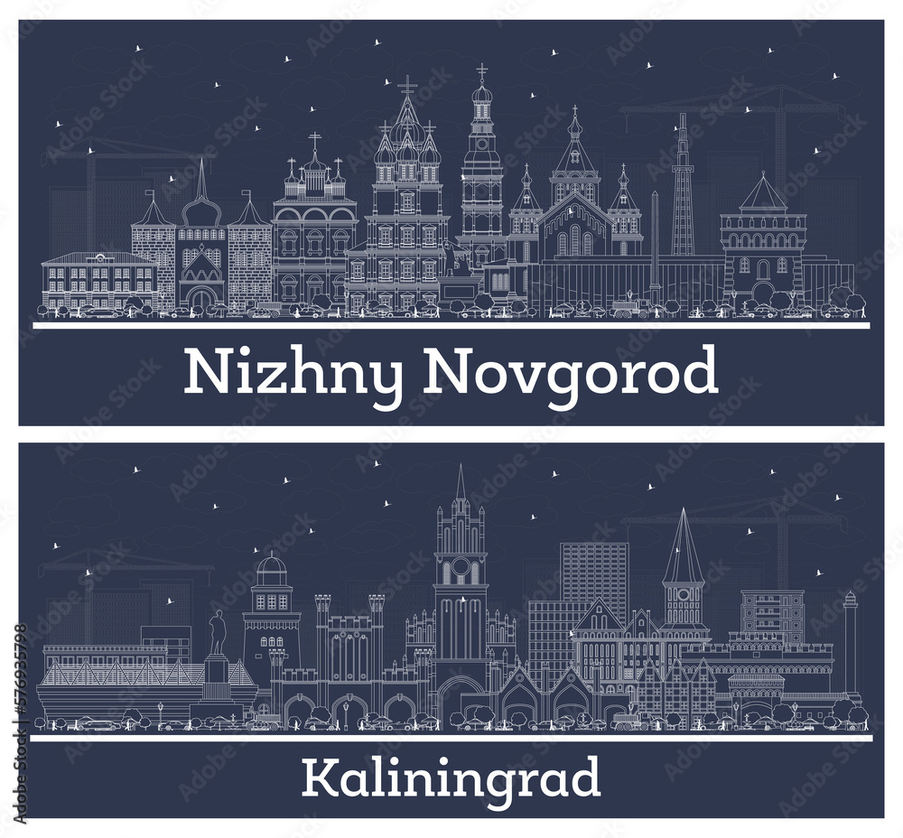 Outline Kaliningrad and Nizhny Novgorod Russia City Skyline Set with White Buildings.