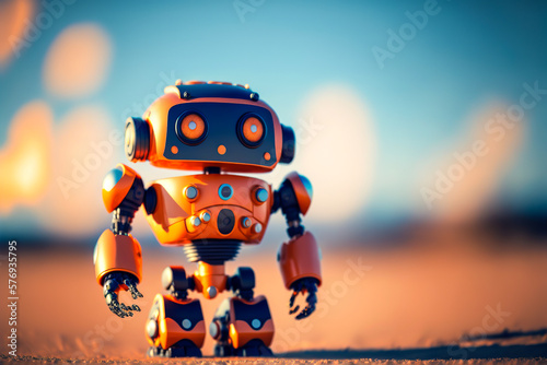 Orange robot looking at the horizon in a pure blue sky, with an attitude of hope and optimism. Ideal for graphic applications and communicating positive emotions. Generative AI