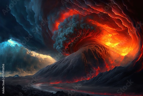 Fotografiet Infernal underworld of brimstone and fire, dramatic volcano eruptions, eternally