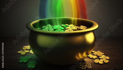  St. Patrick's Day celebration background. Leprechaun pot of gold and rainbow Generative ai