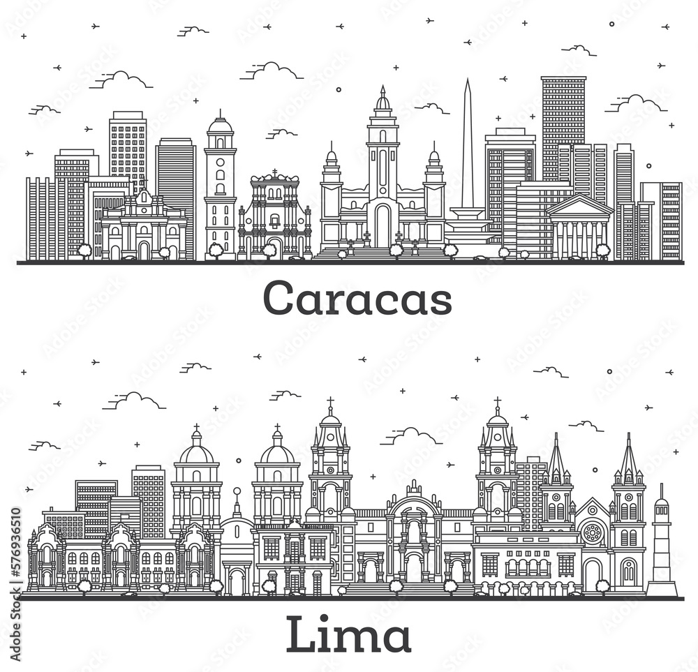 Outline Lima Peru and Caracas Venezuela City Skyline Set with Modern and Historic Buildings Isolated on White.
