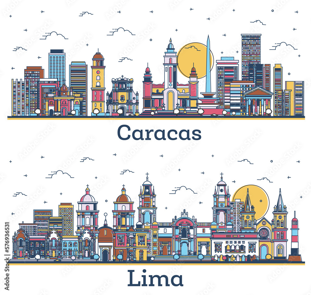Naklejka premium Outline Lima Peru and Caracas Venezuela City Skyline Set with Colored Historic Buildings Isolated on White.