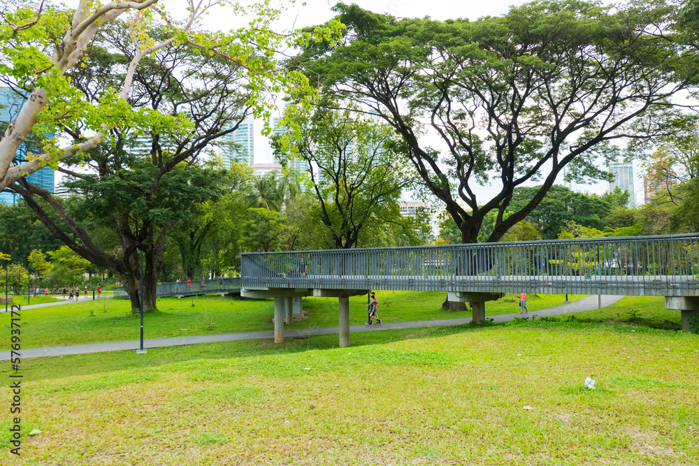 Cityscape view of Benjakitti Park with trees and skywalk, New beautiful garden in the city center.