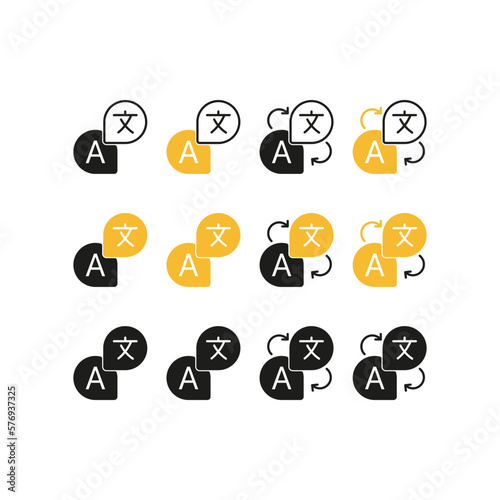 Translator icons set. Different languages, polyglot, spelling, pronunciation, literature. Translator concept. Vector icon set on white background