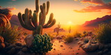 A colorful sunset over a desert landscape with cactus and rocks. Generative AI