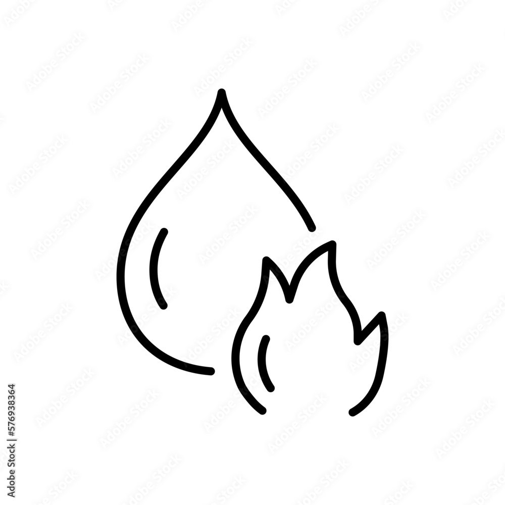 Fire with water drop line icon. Fire safety, fire extinguisher, fireman, ignition, matches, water, hydrant. Security concept. Vector line icon on white background Fire with water drop line icon. Fire safety, fire extinguisher, fireman, ignition, matches, water, hydrant. Security concept. Vector line icon on white background