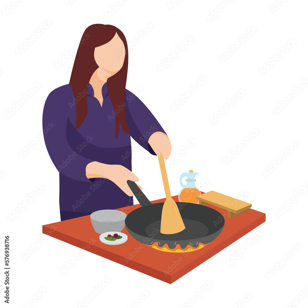 A woman cooking in the kitchen. A housewife fry something using kitchen set. Healthy meal production.