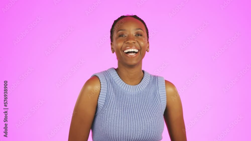 Face, black woman and laughing on pink studio background for joy, carefree personality and happiness. Portrait of happy young female model smile for funny joke, meme and comedy on color backdrop