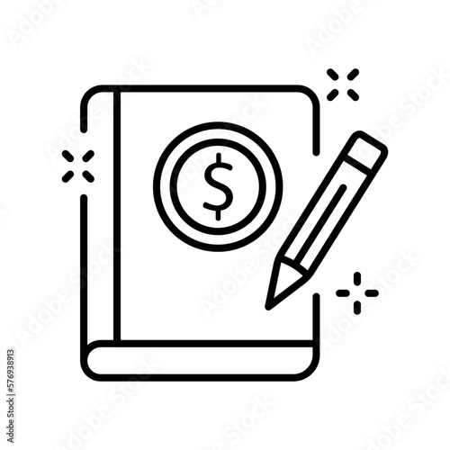 Book with bitcoin line icon. Piggy bank, savings, low interest loan, deposit, protection of financial arrays, security of banking data, insurance. Vector line icon on white background