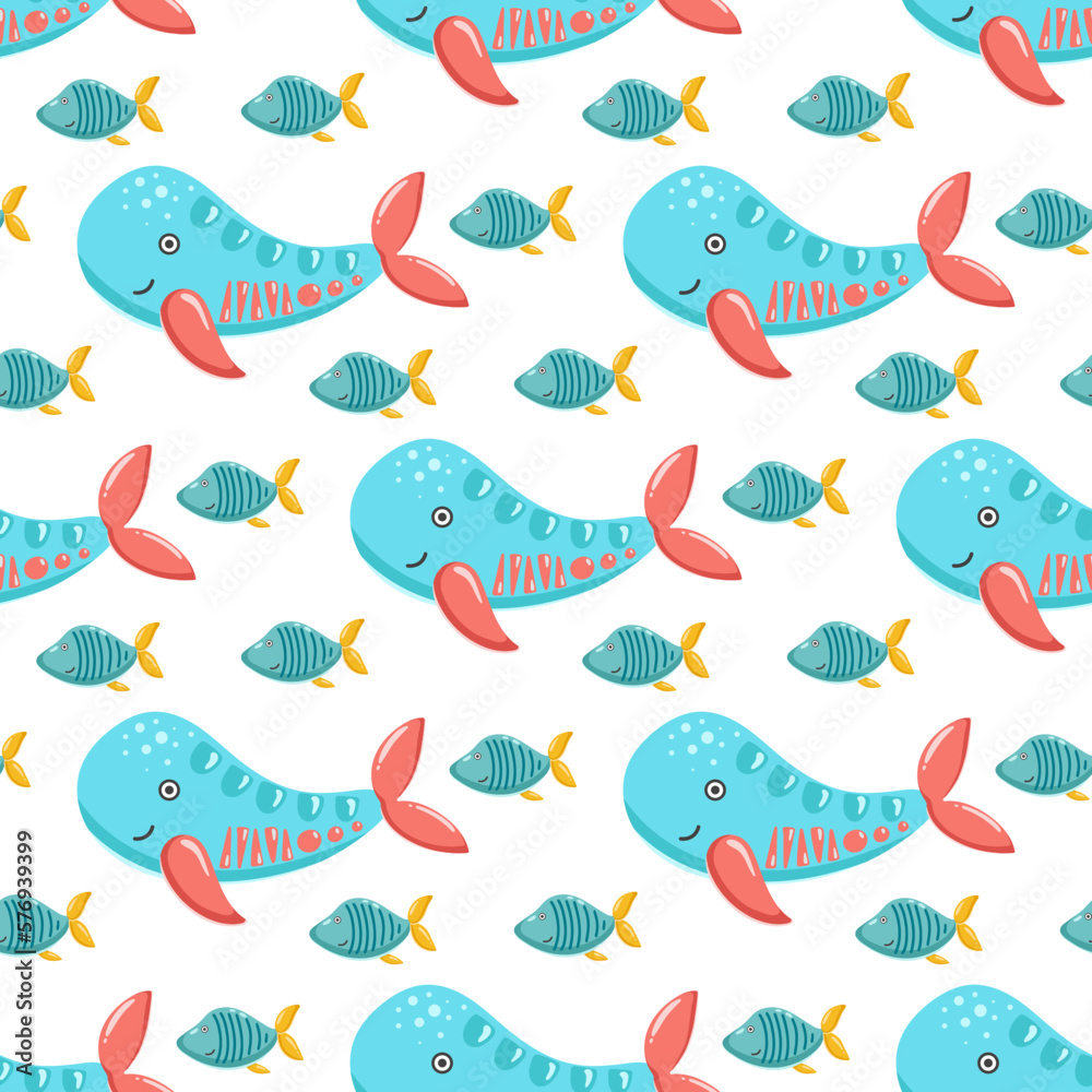 Underwater world colorful baby seamless pattern. Background with sea fish and whale. Bright digital paper with ocean inhabitants. Print characters for wallpaper, textile, paper and design, vector