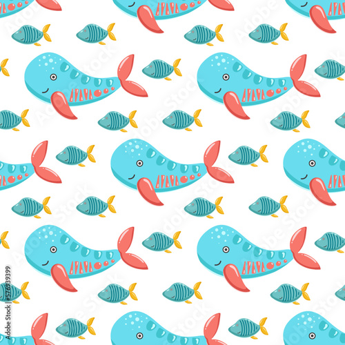 Underwater world colorful baby seamless pattern. Background with sea fish and whale. Bright digital paper with ocean inhabitants. Print characters for wallpaper  textile  paper and design  vector