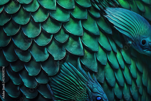 Iridescent reptile dragon scales in blue and green  background  wallpaper created with Generative AI technology