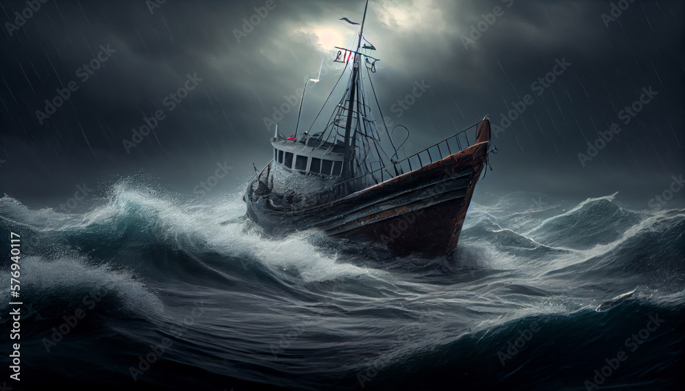 Obraz premium Fishing boat in stormy sea. Generative AI
