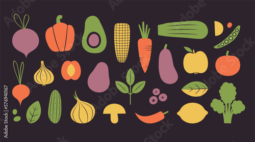 Vector illustrations with veggies: avocado, eggplant, onion, carrot, blueberry, pea, zucchini, corn, pepper. Set for vegan, vegetarian merch. Flat design. Clip arts with vegetables. Simple icons.