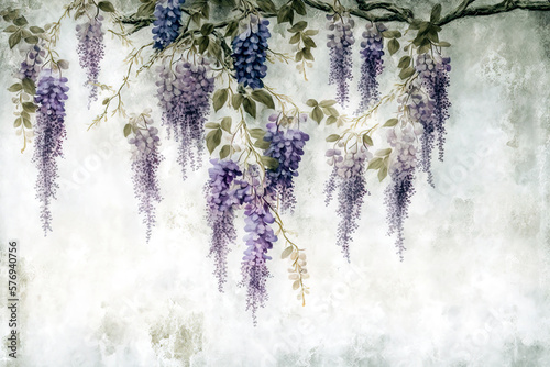 Blooming wisteria and grey textured background,  generative AI wallpaper photo