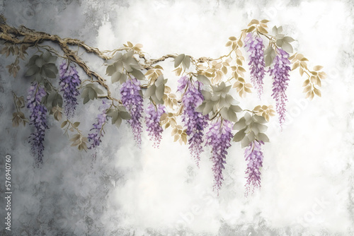 Wisteria, decorative flowers that hang from branches, generative AI artistic imitation of painting wall mural  photo