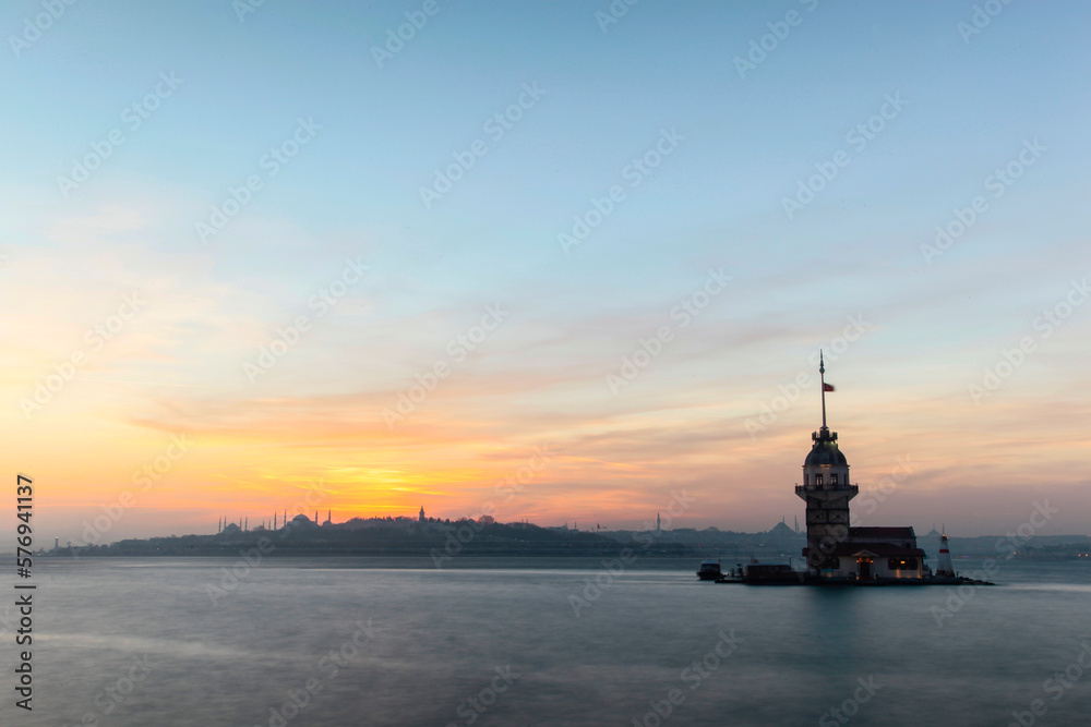 Sunset Colors in the Maidens Tower Drone Photo, Uskudar Istanbul , Turkiye	